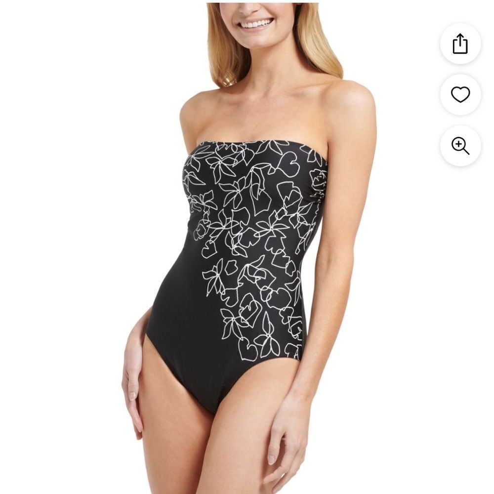 NWT Calvin Klein BLACK MULTI Printed Bandeau Tummy-Control One-Piece Swimsuit